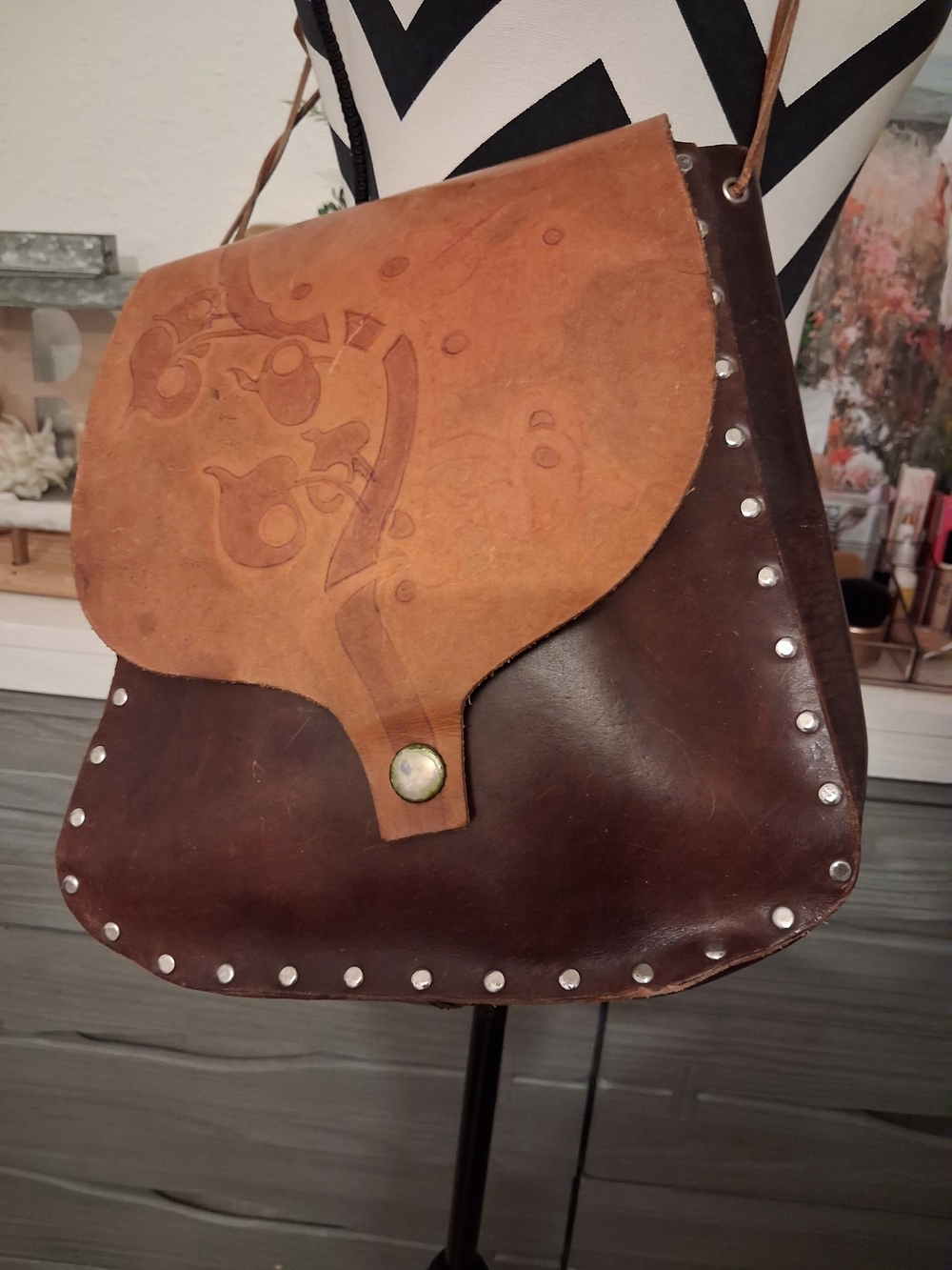 Vintage 1970s Hand-Tooled Leather Studded Crossbody Saddle Bag